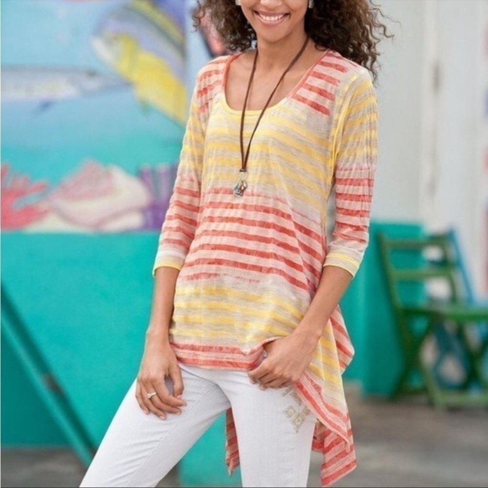 Sundance Striped Colorful 3/4 Sleeve Blouse with Asymmetrical Hem Size Small